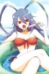  1girl bikini blue_hair breasts choker collarbone disgaea disgaea_d2 food genderswap genderswap_(mtf) hair_between_eyes highres holding holding_food holding_popsicle innertube laharl-chan long_hair looking_at_viewer open_mouth pani_(aperitif) popsicle red_bikini red_eyes solo swimsuit 