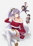  1boy 2girls absurdres alternate_costume bare_shoulders black_hair boots breasts chibi choker christmas cleavage commentary_request commission commissioner_upload dress fire_emblem fire_emblem:_genealogy_of_the_holy_war fire_emblem:_thracia_776 grey_background grey_hair head_tilt high_heels highres ishtar_(fire_emblem) long_hair long_sleeves looking_at_viewer multiple_girls non-web_source off-shoulder_dress off_shoulder olwen_(fire_emblem) pearlbbbb purple_eyes red_dress reinhardt_(fire_emblem) side_ponytail signature sitting skeb_commission smile thigh_boots thighhighs very_long_hair watermark white_footwear white_thighhighs 