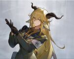  1girl adjusting_clothes adjusting_gloves animal_ear_fluff animal_ears arknights armband armor asymmetrical_hair asymmetrical_sidelocks backlighting black_gloves black_necktie blonde_hair breast_pocket breasts brown_eyes brown_horns closed_mouth collared_shirt commentary day degenbrecher_(arknights) double-parted_bangs dress_shirt epaulettes expressionless eyelashes from_above from_side gloves goat_ears goat_girl goat_horns goat_tail green_jacket hair_between_eyes hair_flowing_over hands_up high_collar highres horns ice insignia jacket kulianrentizhong lapels large_breasts lips long_bangs long_hair long_sleeves looking_at_viewer looking_to_the_side looking_up medal military military_jacket military_uniform necktie notched_lapels orange_shirt outdoors outstretched_hand pauldrons pocket print_armband reflection reflective_surface shadow shirt shoulder_armor shoulder_pads sidelocks single_epaulette single_pauldron solo standing tail uniform upper_body very_long_hair wavy_hair white_armband wing_collar yellow_pupils 