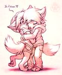  ambiguous_gender canine chibi clothing cute duo falvie fox french_text hoodie hug mammal pants shorts text translated wolf 