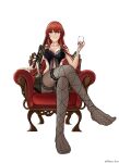  1girl absurdres armchair artist_name bare_shoulders black_nightgown bolt_action breasts chair character_request cleavage collarbone crossed_legs cup drinking_glass fishnet_pantyhose fishnets full_body girls&#039;_frontline gun highres holding holding_cup holding_gun holding_weapon long_hair looking_at_viewer matsu_arts medium_breasts nightgown no_shoes open_mouth pantyhose parted_lips red_eyes red_hair rifle sitting sniper_rifle solo twitter_username weapon white_background wine_glass 
