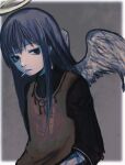  1girl angel angel_wings black_eyes black_hair cigarette haibane_renmei halo highres lacker_strike_(akkira_setsu) long_hair reki_(haibane) solo vest wings 