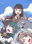  black_hair blue_eyes blush brown_hair cloud facing_viewer genjitsu_no_yohane highres kurosawa_dia long_hair love_live! love_live!_sunshine!! maruyo multiple_girls open_mouth short_hair sky smile tsushima_yoshiko watanabe_you wavy_hair wolf 