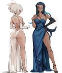  2girls alternate_costume aqua_hair ass backless_dress backless_outfit bea_(pokemon) black_footwear black_hair blue_dress blue_eyes breasts bridal_gauntlets cocktail_dress commentary dark-skinned_female dark_skin dress elbow_gloves full_body gloves grey_eyes grey_hair hand_on_own_chest high_heels highres large_breasts long_hair looking_at_viewer medium_breasts multicolored_hair multiple_girls nessa_(pokemon) pokemon pokemon_swsh rakeemspoon short_hair side_slit sideboob single_elbow_glove sketch sleeveless sleeveless_dress symbol-only_commentary two-tone_hair white_dress white_footwear white_gloves 