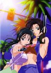  90s aiming aiming_at_viewer braid breast_pillow breast_press breasts bustier casual cleavage fingerless_gloves gangsta_hold gloves gun handgun highres holding holding_gun holding_weapon hug kobayakawa_miyuki long_hair looking_at_viewer medium_breasts midriff multiple_girls nakajima_atsuko navel official_art palm_tree pistol ponytail revolver shirt tied_shirt traffic_light tree trigger_discipline tsujimoto_natsumi weapon you're_under_arrest yuri 