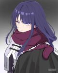  1girl absurdres alternate_costume angry asiri_senpai blunt_bangs braid clothes_pull coat commentary english_commentary genshin_impact gradient_background highres long_hair long_sleeves looking_at_viewer low_ponytail mittens mole mole_under_eye pov purple_eyes purple_hair purple_mittens raiden_shogun red_scarf scarf sidelocks signature simple_background single_braid v-shaped_eyebrows winter_clothes winter_coat 