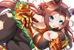 1girl absurdres alternate_costume animal_ears armpits bare_shoulders black_pantyhose blue_eyes blush braid breasts brown_hair cleavage clenched_hand commentary_request cosplay ear_ornament el_condor_pasa_(kukulkan_monk)_(umamusume) el_condor_pasa_(umamusume) el_condor_pasa_(umamusume)_(cosplay) french_braid hair_intakes highres horse_ears horse_girl horse_tail kawakami_princess_(umamusume) large_breasts long_hair looking_at_viewer maou_(maoudaisukiya) open_mouth panties pantyhose simple_background solo tail umamusume underwear v-shaped_eyebrows white_background 