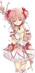  bad_id bad_pixiv_id bow bubble_skirt choker dandalian flower frilled_skirt frills gloves hair_bow highres kaname_madoka magical_girl mahou_shoujo_madoka_magica pink_flower pink_hair pink_rose red_eyes rose short_hair skirt smile solo staff tears white_background white_gloves 