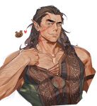  1boy absurdres arm_hair baldur&#039;s_gate baldur&#039;s_gate_3 bara brown_eyes brown_hair chest_hair dark-skinned_male dark_skin dungeons_and_dragons elf facial_tattoo greensalad350 halsin heart highres looking_at_viewer male_focus mature_male medium_hair muscular muscular_male pectoral_cleavage pectorals pointy_ears scar scar_on_face simple_background smile tank_top tattoo thick_eyebrows 