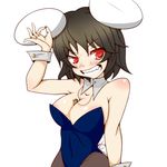  animal_ears bare_shoulders between_breasts black_hair blush breasts bunny_ears bunny_girl bunny_tail bunnysuit carrot carrot_necklace cleavage detached_collar fang grin himenomikan inaba_tewi jewelry large_breasts necklace older pantyhose pendant red_eyes short_hair smile solo tail touhou wrist_cuffs 