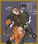 &lt;3 2023 animal_genitalia animal_penis anthro anthro_on_anthro ball_size_difference balls big_balls big_muscles big_penis bodily_fluids border bottomless bottomless_anthro bottomless_male buda_(kiwa_flowcat) claws clothed clothing dialogue dress_shirt duo english_text epic_games equid equine equine_genitalia equine_penis erection eyebrows felid fingerless_gloves footwear fortnite fully_sheathed fur gasp genital_fluids genitals gloves grey_background hair hand_on_side handwear hi_res huge_balls huge_penis kiwa_flowcat knife long_penis male male/male mammal medial_ring muscular muscular_anthro muscular_male necktie oscar_(fortnite) pantherine penis precum presenting presenting_penis sheath sheathed_weapon shirt shoes simple_background smile socks standing text thick_penis tiger topwear tuft vein veiny_penis vest yellow_border zebra