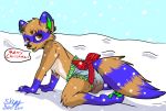  2015 3_toes all_fours anthro barefoot biped black_nose christmas clothed clothing day dialogue diaper digitigrade english_text feces fur hair holidays humanoid_hands kitsuneskyy looking_at_viewer male mammal messy_diaper multicolored_fur open_mouth outside pawpads procyonid raccoon scat signature sky snow snowing soiling solo speech_bubble text toes tongue topless 