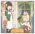  2girls ama_usa_an_uniform animal_on_head apron autumn bamboo_broom biting black_hairband black_ribbon blonde_hair blunt_bangs boots branch breasts broom brown_footwear brown_skirt brown_thighhighs closed_eyes collarbone commentary convenient_leg day door flower food frilled_apron frills full_body gochuumon_wa_usagi_desu_ka? green_kimono hair_flower hair_ornament hair_ribbon hairband holding holding_broom holding_stick ivy japanese_clothes kimono kirima_syaro leaf_pile light_blush long_sleeves maid_apron miniskirt mohei multiple_girls on_head open_mouth orange_ribbon outdoors polka_dot_trim rabbit rabbit_on_head ribbon ribbon-trimmed_shirt roasted_sweet_potato scar shirt shoes short_hair sidelocks skirt small_breasts smile smoke squatting standing stick striped striped_kimono sweet_potato thighhighs ujimatsu_chiya upskirt vertical-striped_kimono vertical_stripes wavy_hair white_apron white_flower white_ribbon white_shirt wide_sleeves wild_geese 