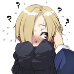  ? bags_under_eyes beniboshi blonde_hair blush caress child ear_blush earrings embarrassed face hair_over_one_eye hood hoodie idolmaster idolmaster_cinderella_girls jewelry open_mouth oversized_clothes red_eyes shirasaka_koume short_hair simple_background sleeves_past_fingers sleeves_past_wrists sweat white_background younger 