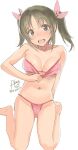  1girl areola_slip bare_shoulders barefoot blush bow bra bra_pull breasts brown_eyes brown_hair cleavage clothes_pull collarbone covered_nipples dot_nose hair_bow hair_ribbon hand_up idolmaster idolmaster_cinderella_girls idolmaster_cinderella_girls_starlight_stage imai_kana looking_at_viewer medium_breasts midriff navel open_mouth panties pink_bra pink_panties pink_ribbon ribbon rkrk short_hair signature simple_background sitting smile solo teeth twintails twitter_username underwear underwear_only upper_teeth_only wariza white_background 