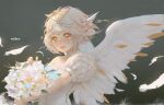  1girl absurdres blonde_hair bouquet feathered_wings hair_ornament highres holding holding_bouquet original parted_lips puffy_short_sleeves puffy_sleeves short_hair short_sleeves single_sleeve weber white_wings wings yellow_eyes 