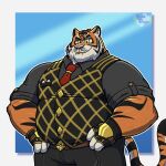 anthro bottomwear clothed clothing epic_games eye_scar eyebrows facial_scar felid fingerless_gloves fortnite fully_clothed gloves handwear hi_res male mammal marshmallowpupy musclegut oscar_(fortnite) pantherine pants scar shirt solo stripes tail teeth tiger topwear yellow_sclera