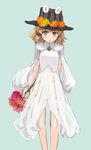  alternate_costume bad_id bad_pixiv_id bare_legs blonde_hair bouquet dress flower green_eyes hat hatoya_hato looking_at_viewer moriya_suwako simple_background solo standing touhou triangle_mouth white_dress 