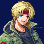  1boy black_shirt blonde_hair blue_background blue_eyes claude_kenni coat collarbone green_coat headband hiroita looking_ahead lowres open_clothes open_coat open_mouth pixel_art portrait red_headband shirt short_hair signature simple_background star_ocean star_ocean_the_second_story 