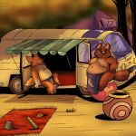 animal_crossing anthro apron belly brown_body brown_fur camper_van canid canine clothing crazy_redd duo fox fur male mammal moobs navel nintendo nipples orange_body orange_fur raccoon_dog slightly_chubby tanuki tom_nook_(animal_crossing) vynny_lonlydot