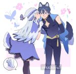  1boy 1girl afterimage animal_ears arms_behind_back black_thighhighs blue_cape blue_capelet blue_eyes blue_hair blue_skirt borrowed_character bug butterfly cape capelet closed_eyes clothing_cutout commission flower fox_boy fox_ears fox_girl fox_tail gloves hat hetero highres kiss kissing_cheek leaning_forward medium_skirt miyage_no_nukegara motion_lines original skeb_commission skirt sweatdrop tail thighhighs tiptoes watermark white_gloves white_hair white_headwear 