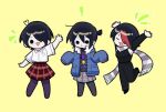  1girl artist_request black_hair blue_jacket closed_eyes closed_mouth commentary_request jacket knives_chau korean_commentary open_mouth red_hair scarf scott_pilgrim_(series) shirt short_hair simple_background skirt smile solid_circle_eyes standing yellow_background 