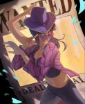  1girl artist_name black_hair blue_eyes blunt_bangs commentary cowboy_hat english_commentary extra_arms hat heart heart-shaped_eyewear kyoterii long_hair looking_at_viewer nail_polish navel nico_robin one_piece purple-tinted_eyewear purple_headwear signature smile solo sunglasses teeth tinted_eyewear wanted 