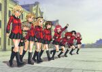  6+girls arm_up assam_(girls_und_panzer) black_footwear black_ribbon black_skirt blue_sky boko_(girls_und_panzer) boots building closed_mouth commentary_request cranberry_(girls_und_panzer) darjeeling_(girls_und_panzer) day earl_grey_(girls_und_panzer) frown girls_und_panzer grin hair_ribbon holding holding_stuffed_toy jacket knee_boots leaning_forward leg_up long_hair long_sleeves looking_at_viewer looking_to_the_side medium_hair military_uniform miniskirt muichimon multiple_girls orange_pekoe_(girls_und_panzer) outdoors parted_lips peach_(girls_und_panzer) pleated_skirt raised_fist red_jacket ribbon rosehip_(girls_und_panzer) rukuriri_(girls_und_panzer) shadow shimada_arisu short_hair skirt sky smile st._gloriana&#039;s_military_uniform standing stuffed_animal stuffed_toy teddy_bear uniform vanilla_(girls_und_panzer) walking 