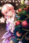  1girl :d black_gloves blue_eyes camera christmas_ornaments christmas_tree commentary_request gloves highres holding holding_camera honkai:_star_rail honkai_(series) long_hair long_sleeves looking_at_viewer march_7th_(honkai:_star_rail) open_mouth pink_hair purple_eyes shengfang_sama shirt smile solo two-tone_eyes white_shirt 