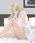  1girl absurdres artist_name ass bed bed_sheet blonde_hair blue_eyes blush feet_out_of_frame highres hornet_(kancolle) indoors kantai_collection long_hair looking_at_viewer odachu open_mouth pillow see-through see-through_shirt shirt signature sitting smile solo white_shirt 