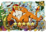 abs anthro biceps big_muscles christmas clothed clothing digital_media_(artwork) felid fur hair hi_res holidays kemono looking_at_viewer male mammal muscular muscular_anthro muscular_male open_mouth pantherine pawpads paws pecs smile solo tiger topless zephir