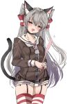  1girl amatsukaze_(kancolle) animal_ears black_garter_straps black_panties brown_dress brown_eyes cat_ears cat_tail cat_teaser chigasaki_yukari cowboy_shot dress fang garter_straps grey_hair hair_tubes highres kantai_collection lifebuoy_ornament panties red_thighhighs sailor_collar sailor_dress see-through see-through_dress short_dress side-tie_panties simple_background smile solo striped_clothes striped_thighhighs tail thighhighs two_side_up underwear white_background white_sailor_collar 