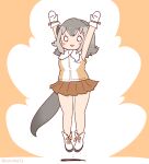  1girl animal_ears bare_shoulders blush bow coroha cosplay dhole_(kemono_friends) dhole_(kemono_friends)_(cosplay) extra_ears glasses gloves grey_hair jumping kemono_friends kemono_friends_3 meerkat_(kemono_friends) meerkat_ears meerkat_tail multicolored_hair open_mouth shirt short_hair skirt sleeveless smile solo tail two-tone_hair 