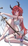  1girl absurdres arknights bare_legs barefoot black_bikini_bottom bow breasts cherry cleavage cup food fruit highres holding holding_sword holding_weapon horns ice_cream legs long_hair looking_at_viewer purple_eyes red_hair sitting solo spoon surtr_(arknights) swimsuit sword the_fg thigh_bow thigh_strap utensil_in_mouth very_long_hair wafer_stick weapon white_bow 