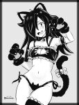  1girl absurdres alternate_costume animal_ears animal_hands bell breasts cat_cutout cat_ear_panties cat_ears cat_lingerie cat_tail cleavage_cutout clothing_cutout fake_animal_ears fake_tail gloves greyscale hair_over_one_eye highres jingle_bell kuroki_tomoko meme_attire monochrome navel neck_bell panties paw_gloves paw_pose side-tie_panties small_breasts solo tail underwear watashi_ga_motenai_no_wa_dou_kangaetemo_omaera_ga_warui! xnandoneko 