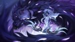  animal_ears artist_name blurry blurry_foreground body_fur bow_(weapon) from_side furry furry_female glowing glowing_eyes grey_hair highres holding holding_bow_(weapon) holding_weapon kindred_(league_of_legends) lamb_(league_of_legends) league_of_legends long_hair mask multicolored_background pie_yokai sharp_teeth sheep_ears sheep_tail tail teeth weapon white_fur wolf_(league_of_legends) 