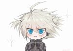  1boy ahoge armor black_bodysuit blush bodysuit chibi danganronpa_(series) danganronpa_v3:_killing_harmony green_eyes grey_hair hands_up headphones k1-b0 power_armor raku027 simple_background solo two_side_up white_background 