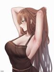  1girl absurdres apron armpits arms_behind_head arms_up artist_name breasts brown_apron brown_hair cleavage cozie178 girls&#039;_frontline green_eyes highres long_hair naked_apron parted_lips solo springfield_(girls&#039;_frontline) upper_body white_background 