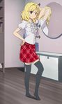  arm_behind_head black_legwear blonde_hair brown_eyes hand_on_hip highres legs long_hair long_legs mizukoshi_saki natsuiro_kiseki non-web_source poorly_stitched reflection screencap skirt smile solo stitched thighhighs third-party_edit zettai_ryouiki 