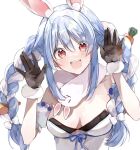  1girl :d animal_ear_fluff animal_ears black_gloves blue_hair braid breasts carrot carrot_hair_ornament cleavage don-chan_(usada_pekora) food-themed_hair_ornament fur-trimmed_gloves fur_scarf fur_trim gloves hair_ornament hands_up highres hololive long_hair multicolored_hair puffy_short_sleeves puffy_sleeves rabbit_ears rabbit_girl red_eyes short_eyebrows short_sleeves smile spicaboy thick_eyebrows twin_braids usada_pekora usada_pekora_(1st_costume) virtual_youtuber white_hair 