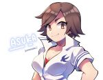  1girl breasts brown_eyes brown_hair character_name cleavage closed_mouth collarbone jacket kazama_asuka kotorai red_undershirt short_hair short_sleeves signature simple_background smile solo tekken upper_body white_background white_jacket 