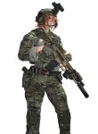  1girl camouflage combat_helmet expressionless gloves green_eyes green_jacket green_pants grey_gloves gun helmet highres jacket looking_at_viewer maxturbo69 military_uniform original pants red_hair rifle sig_mcx solo suppressor trigger_discipline uniform vertical_foregrip weapon white_background woodland_camouflage 