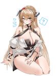  1girl ? arknights arm_support bare_shoulders blonde_hair blue_eyes breasts cleavage closed_mouth dragon_horns grey_horns hair_ornament hairband hand_on_own_thigh highres horn/wood horns huge_breasts invisible_chair long_hair looking_at_viewer midriff_peek navel pointy_ears puffy_sleeves saileach_(arknights) saileach_(summer_flowers)_(arknights) simple_background sitting smile solo spoken_question_mark swimsuit thick_thighs thigh_strap thighs white_background 