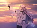  1boy bungou_stray_dogs cloud cloudy_sky highres long_hair long_sleeves mari_(marimaripink) necktie outdoors outstretched_arm pocket purple_hair shirt sigma_(bungou_stray_dogs) sky solo sunset upper_body white_necktie white_shirt 