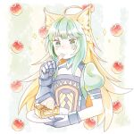  10kg_10k 1girl ahoge animal_ear_fluff animal_ears apple atalanta_(fate) black_gloves blonde_hair braid dress eating fate/grand_order fate_(series) food food_on_face food_request fruit gloves gradient_hair green_dress green_eyes green_hair highres holding holding_plate multicolored_hair plate puffy_short_sleeves puffy_sleeves short_sleeves sidelocks solo upper_body white_background 