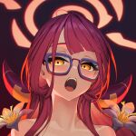  1girl ahoge aru_(blue_archive) bare_shoulders bespectacled blue_archive brown_horns demon_horns flower glasses halo highres horns long_hair looking_at_viewer open_mouth orange_eyes portrait red_hair rotix simple_background solo teeth upper_body 