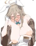  1girl akane_(blue_archive) akane_(bunny)_(blue_archive) animal_ears arm_under_breasts bare_shoulders blue_archive blue_bow blue_bowtie bow bowtie breasts brown_hair brown_halo brown_shawl clearite closed_eyes collar detached_collar double-parted_bangs fake_animal_ears glasses gloves hair_between_eyes highres huge_breasts inverted_nipples leotard leotard_lift long_bangs long_hair official_alternate_costume open_mouth rabbit_ears shawl simple_background smile solo strapless strapless_leotard white_background white_collar white_gloves white_leotard 
