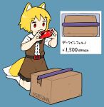  1girl animal_ears belt black_belt blonde_hair blue_background box bseibutsu cardboard_box cellphone center_frills closed_mouth collared_shirt commentary_request cookie_(touhou) dress expressionless fox_ears fox_girl fox_tail frills full_body holding holding_phone kneeling medium_bangs miramikaru_riran no_shoes phone pinafore_dress red_eyes rod shirt short_hair short_sleeves simple_background sleeveless sleeveless_dress smartphone socks solo tail taking_picture translation_request white_shirt white_socks yen 