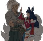  1boy 1girl ahri_(league_of_legends) animal_ear_fluff animal_ears bare_shoulders beard breasts cleavage collarbone cowboy_shot crossed_arms detached_sleeves eye_contact facial_hair facial_mark foreseen_yasuo fox_ears fox_girl fox_tail grey_hair highres large_breasts league_of_legends looking_at_another mag_cora_imparo muscular muscular_male nail_polish parted_lips ponytail red_nails red_sleeves simple_background tail teeth whisker_markings yasuo_(league_of_legends) 