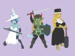 4:3 big_breasts breasts clothing club_(weapon) female goblin green_body group hat headgear headwear hero hi_res humanoid humanoid_pointy_ears lurking_tyger magic_user melee_weapon monster_girl_(genre) priest priest_robes shield staff sword weapon witch witch_hat yellow_eyes